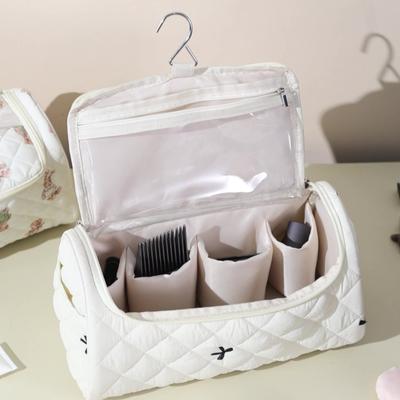 Portable Quilted Travel Cosmetic Bag with Hanging Hook Cotton Hair Dryer Storage Bag Large Capacity Storage Handbag for Girl