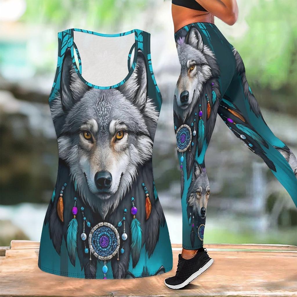Cunning Wolf Pattern Print Yoga Outfit for Women Fashion Workout Leggings Fitness Sports Casual Yoga Set Sports Suit