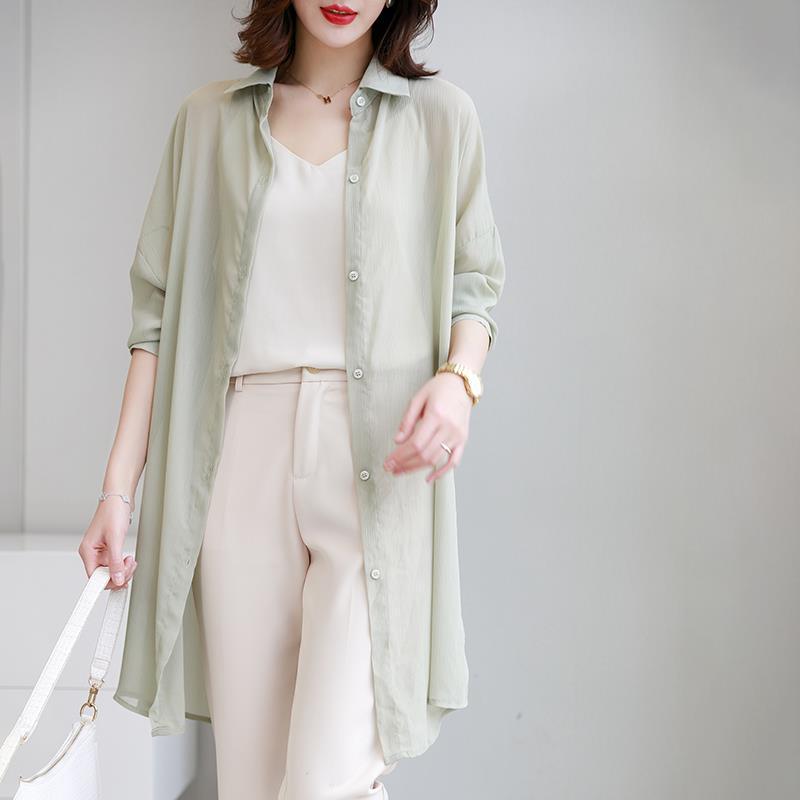 Sunscreen Clothing for Women Summer Thin Chiffon Cardigan with Long Sleeves Draped Over A Shawl Medium Length Shirt Collar Jacket