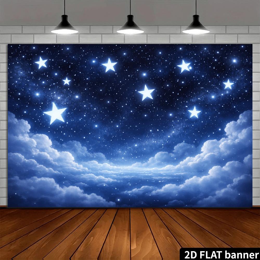 2D Plane Dreamy Cloud Sea Starry Sky Background Fabric with a Large Pentagram Pattern Starry Cloud Sea Scene Polyester Fiber