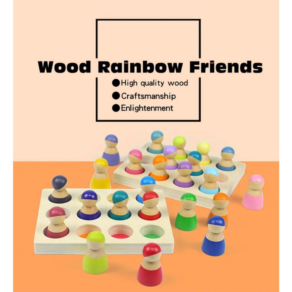 Montessori Sorting Board Puzzle Game Solid Wood Rainbow/Macaron Color Tray Villain Bead Color Cognition Matching Educational Toy