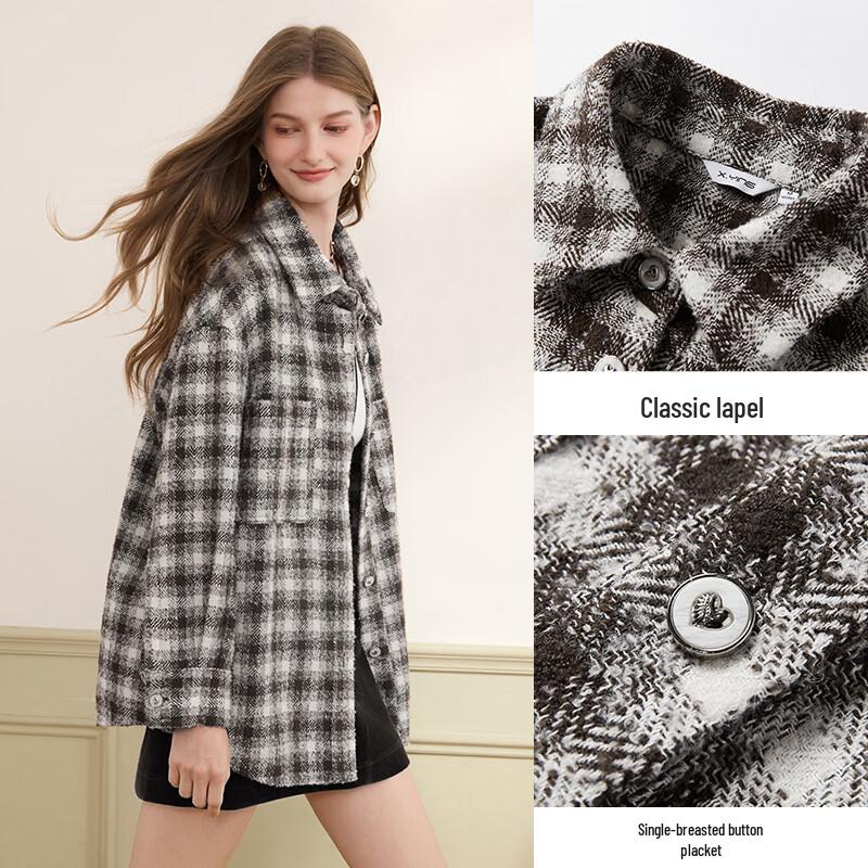 Women's Retro Coffee Plaid Wool Blend Long-Sleeved Shirt