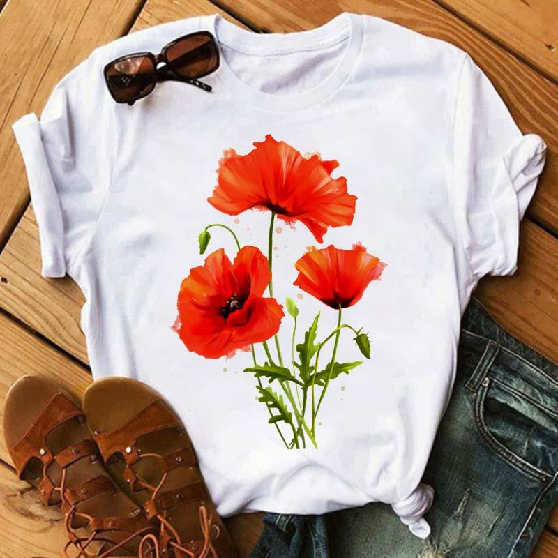Women Graphic Flower Floral Printed T-shirts Cute 90s Style Vintage Print Tops Lady Tees Clothing Female T Shirt Womens T-Shirts