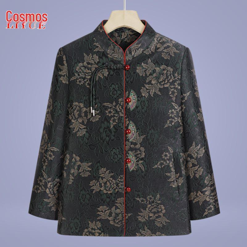 2025 Spring/Autumn Chinese Style Grandma Cardigan: Elegant, Turn-Down Collar Coat & Stand-Up Collar Top for Middle-Aged & Elderly