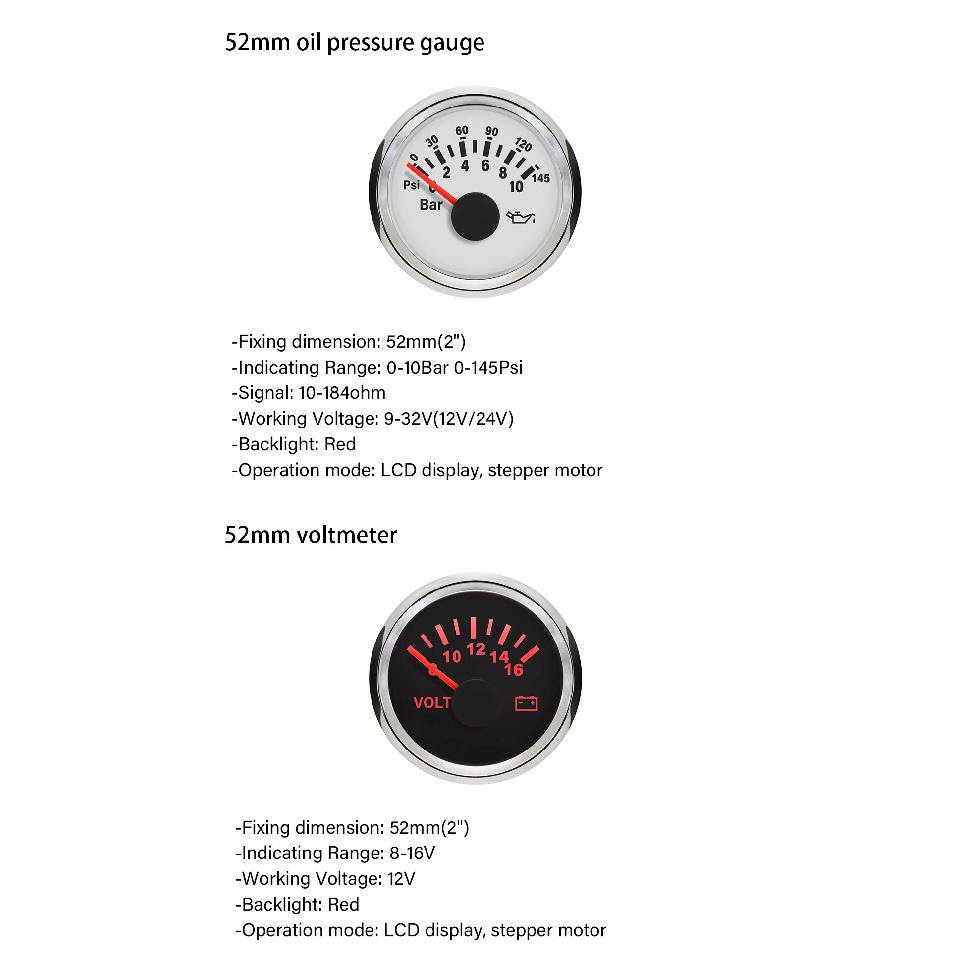 ELING 4 Gauge Set 52mm 40-120℃ Water Temp 0-10Bar Oil Pressure Fuel Level 8-16V Voltmeter with Red Backlight for Marine Car