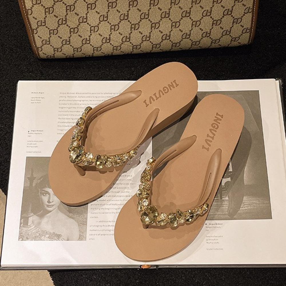 Fashion Summer New Water Diamond Flip Flops Women's Slope Heel Fashion Clip Toe Womens Shoes Casual Wear Non Slip Mid Heel Beach Sandals