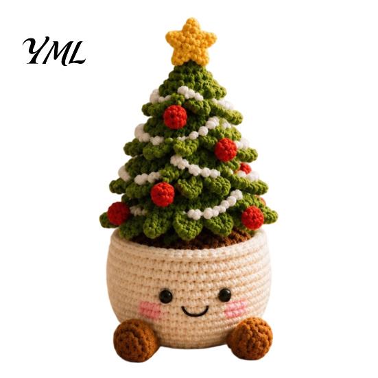 Decorative Yarn Craft for Home Simulated Crochet Christmas Potted Decor, Knitted Mini Artificial Tree Flower Durable Plants Ornament, Cute Festive