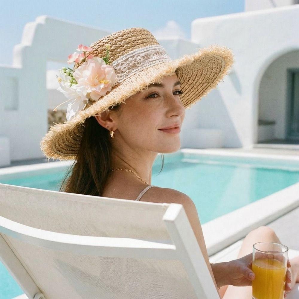 Tassel Edge Weave Flat Cap Wide Brim Women's Sun Hats Casual Lace Flower Straw Hat  Holiday