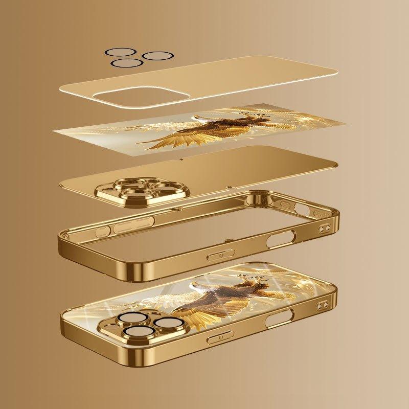 Golden Eagle Pattern Metallic Glass Phone Case For iPhone 11 12 13 14 15 16 17 Pro Max 14 Plus 17 Air 16E Shockproof Cover