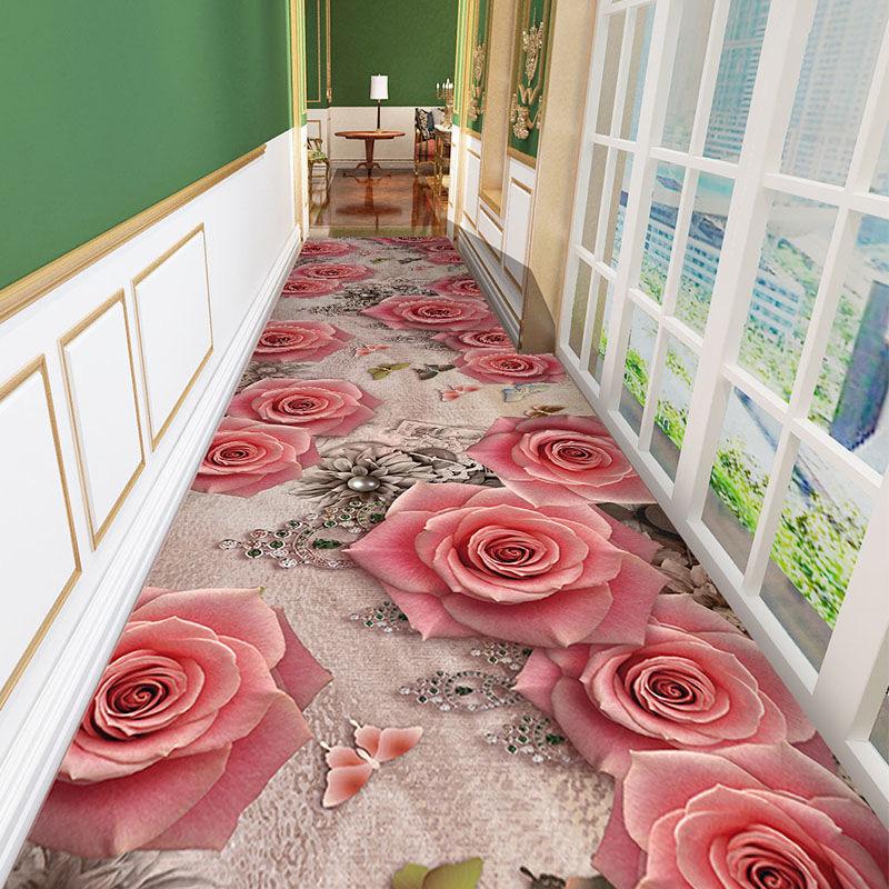 Modern Design Hallway Aisle Carpet Red Rose Long Runner Hotel Entrance Hallway Corridor Stair Non Slip Mat Bedroom Bedside Rugs