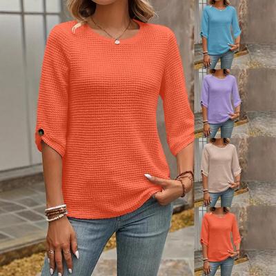 Spring and Autumn New Solid Color Cuff Button Round Neck Seven Cent Sleeve Casual Loose Women's Top Bottom T-shirt Comfortable and Fashionable