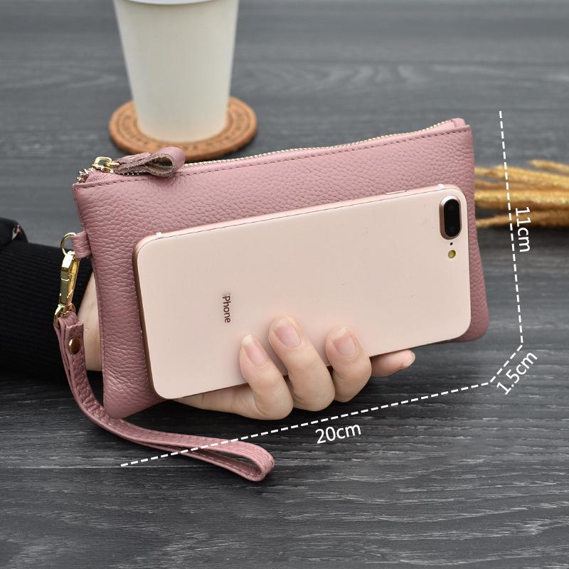 Simple Style High Capacity Womens Genuine Leather Phone Holder Long Purse Zipper Clutches HandBag with Wrist Strap