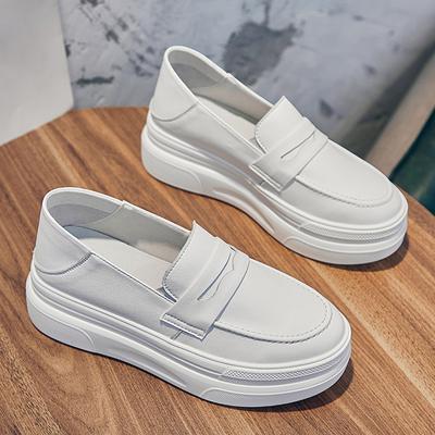 New  White Split Cow Leather Platform Loafers Women Genuine Leather Flats Girls Thick Sole Slip On Flat Shoes Female Spring