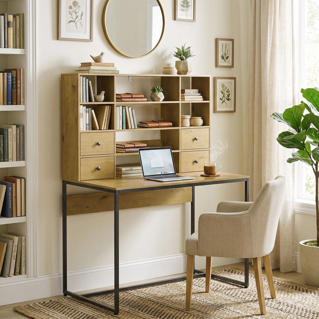Computer Desk, 4 Drawers, 105 x 60 cm, Open Shelves, Natural Wood