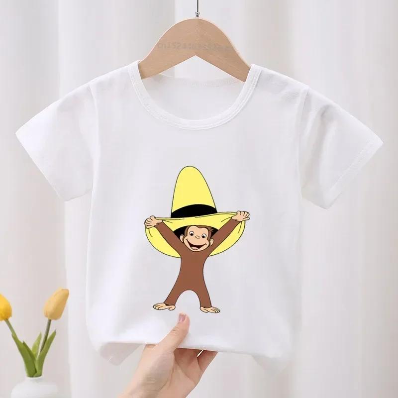 Curious George Roztomilý opičí potisk Dětské tričko Dětské oblečení Letní Oblečení pro holčičky Chlapecká trička s krátkým rukávem