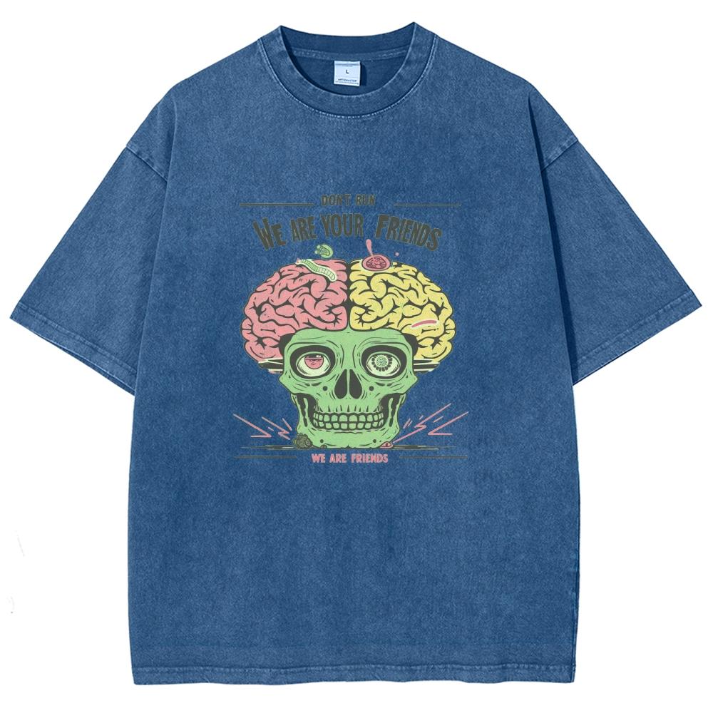 Skull Anatomy Brain Print Women's Wash T-Shirt Summer Fashion Cotton Oversized Half Sleeve American Retro Top