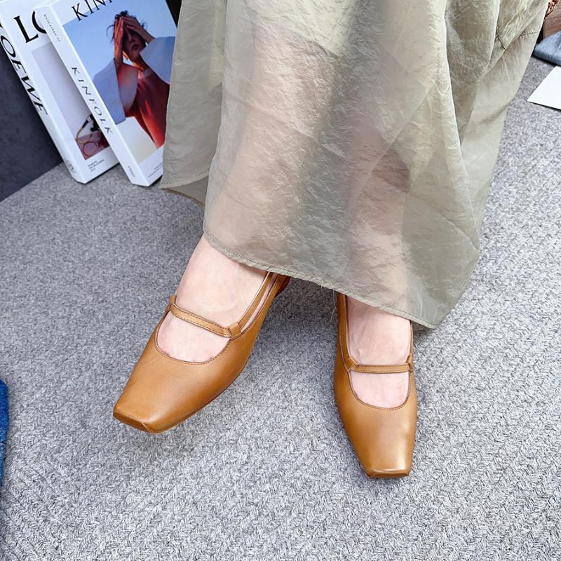 Johnature Echtes Leder Retro-Pumps mit niedrigem Absatz, Damenschuhe, quadratische Zehen, flache, bequeme Loafer-Schuhe