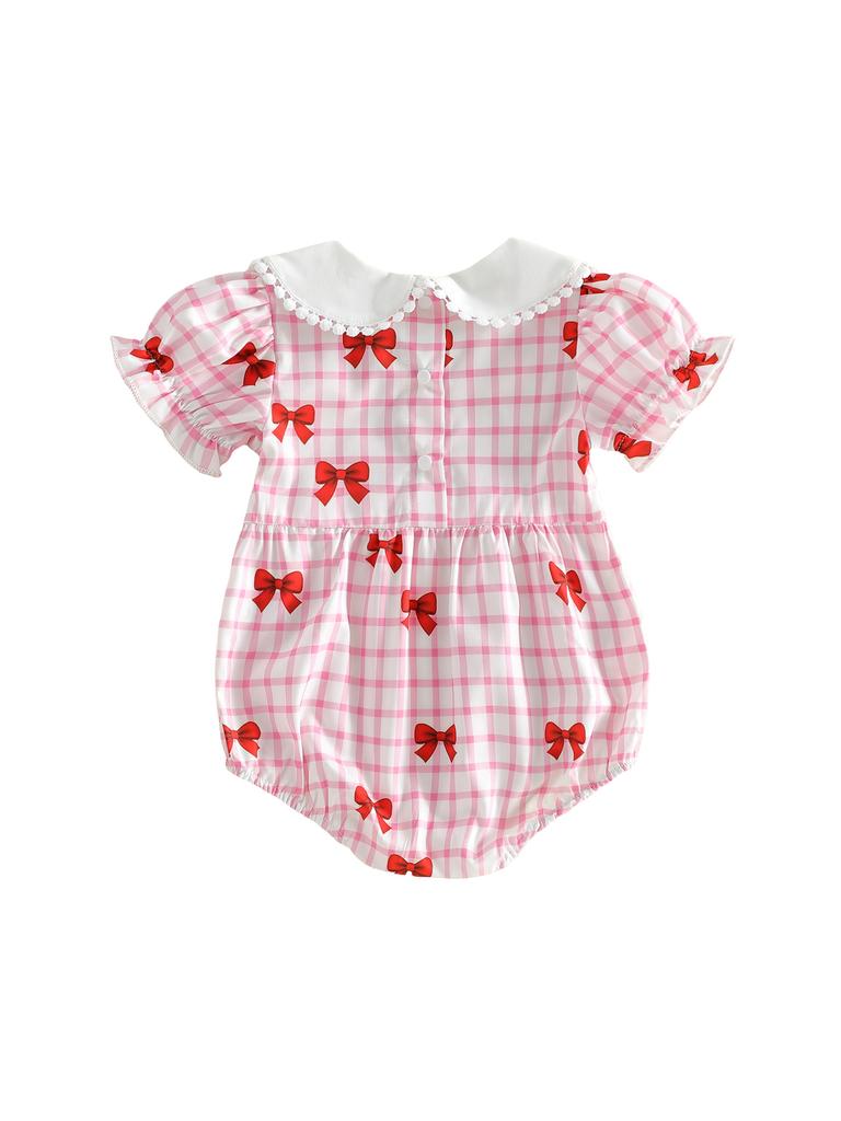 Toddler Girls Ruffle Sleeve Floral Print Romper Bowknot Decorated Round Neck Jumpsuit Summer Outfit for Infants