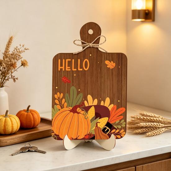 Seasonal Desktop Display Hello Fall Wooden Sign, Cutting Board Shape Autumn Harvest Tabletop Ornament with Centerpiece for Dining Table Hanging Rope &