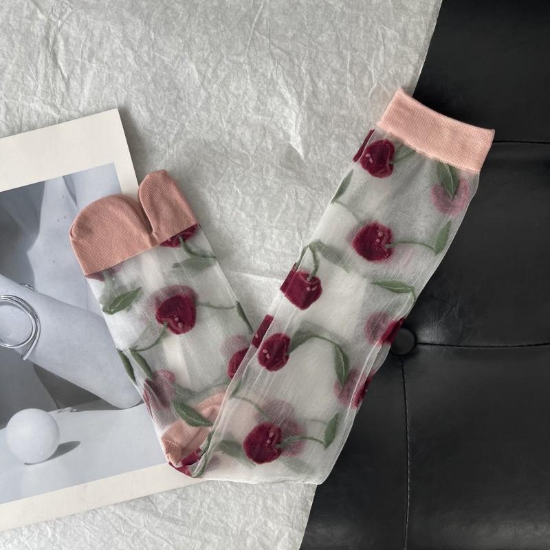 Ultra-Thin Transparent Woman Split Toe Socks Red Cherry Pattern Summer Crystal Silk Hollow Out Sheer Two-Toed Japanese Tabi Sox