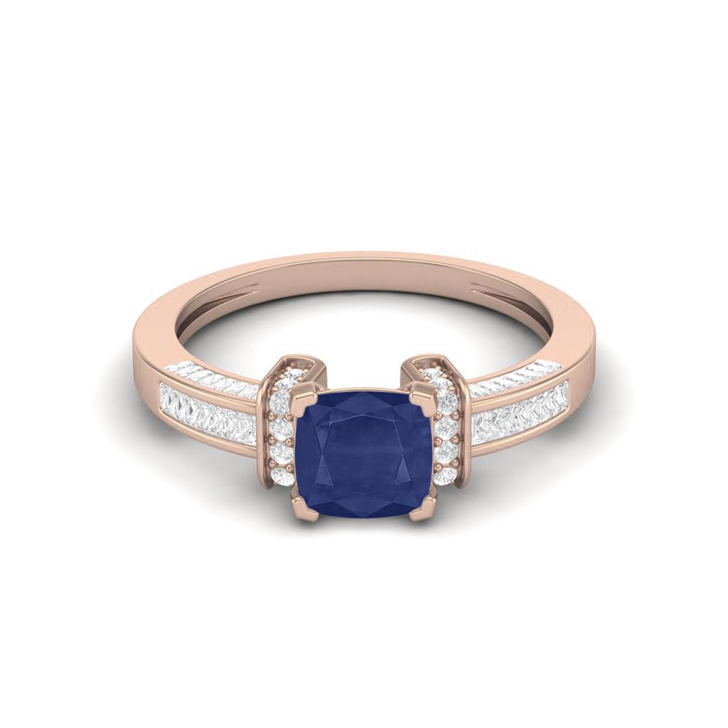 2.03 Cts Cushion Blue Sapphire Art Deco Shank 925 Sterling Silver Rose Vermeil Women Wedding Ring