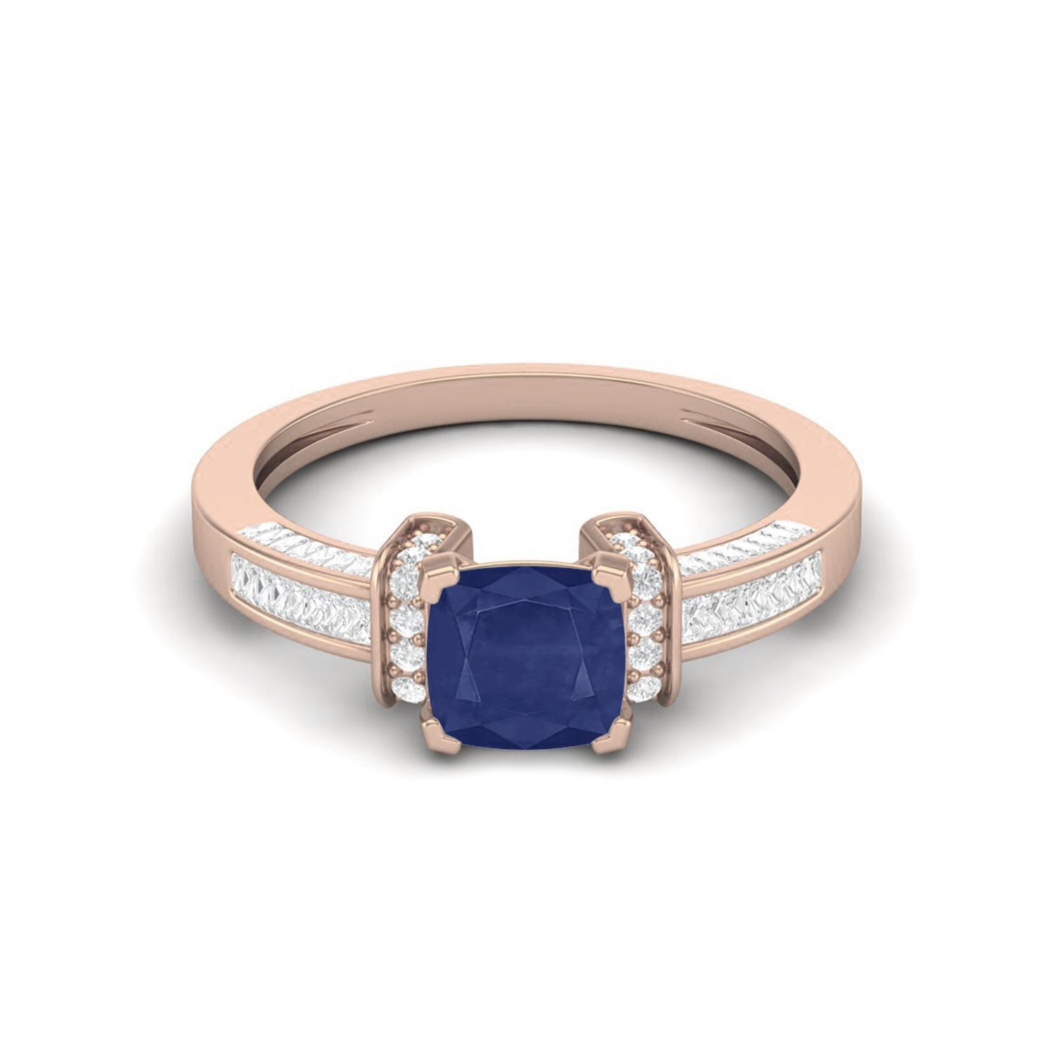 2.03 Cts Cushion Blue Sapphire Art Deco Shank 925 Sterling Silver Rose Vermeil Women Wedding Ring