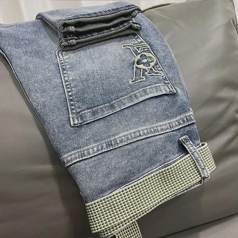 Men's Slim-Fit Light Blue Jeans with Slanted Pockets, Trendy Elastic Nine-Point Casual Pants