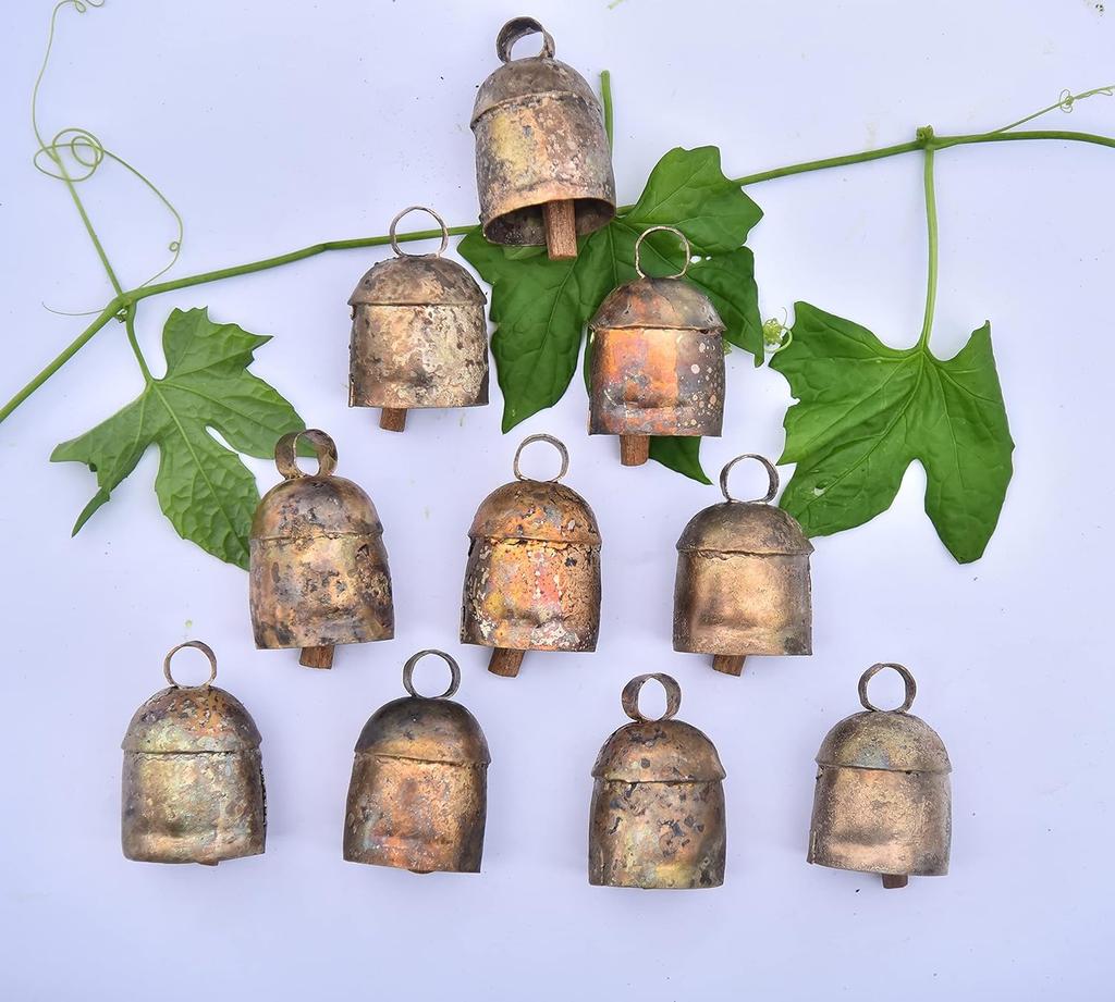 Small Metal Cow Bells 2 Inch Rustic Gold Set of 10 Handmade Jingle Bells for Crafts, Wind Chimes, Christmas Ornaments, Boho Home Decor