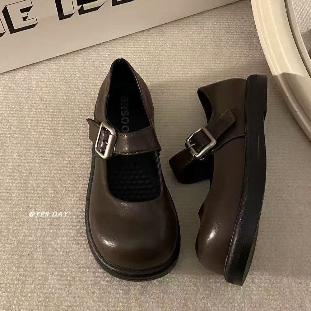 French round head Mary Jane single shoes early autumn new retro British style flat bottom inner height increase small leather shoes