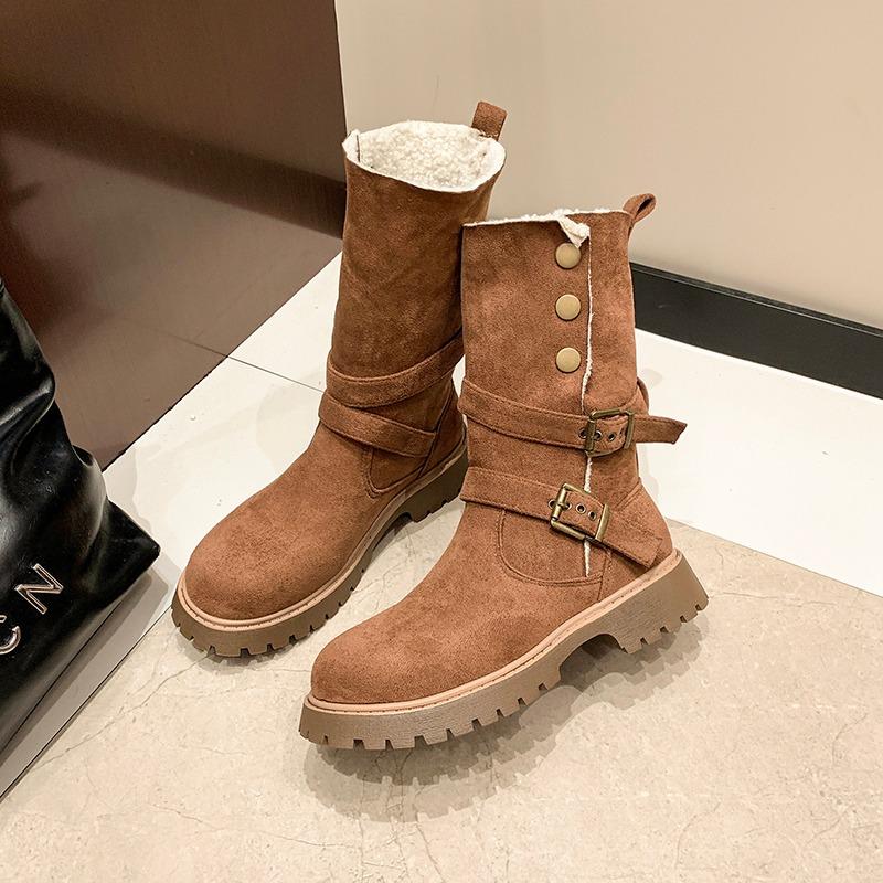 Fashion Thicken Plush Snow Boots for Women Winter Faux Fur Platform Ankle Boots Woman Mid-calf Buckle Snow Boots Cotton Shoes I08