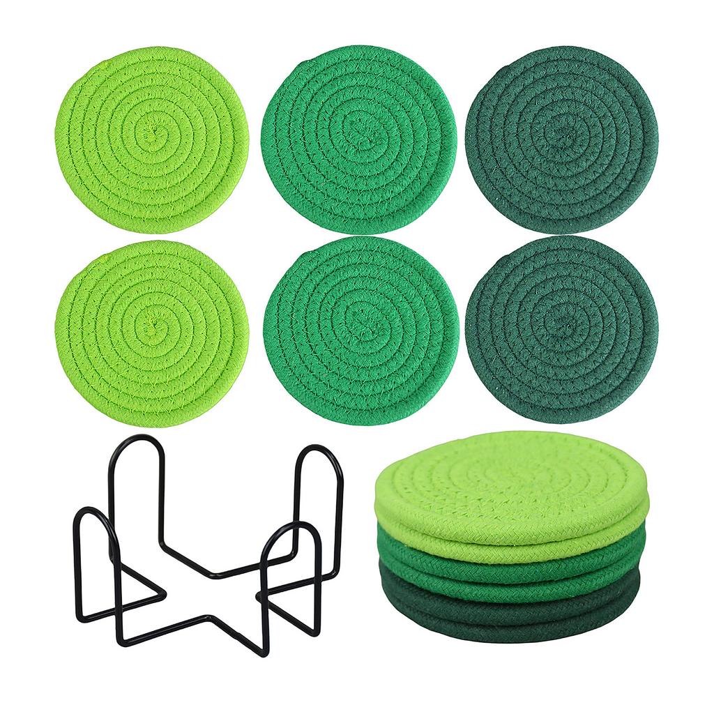 Set of 6 Round Woven Cotton Yarn Placemats with Non Slip Heat Resistant Surface and Metal Storage Rack for Dining Table Protection