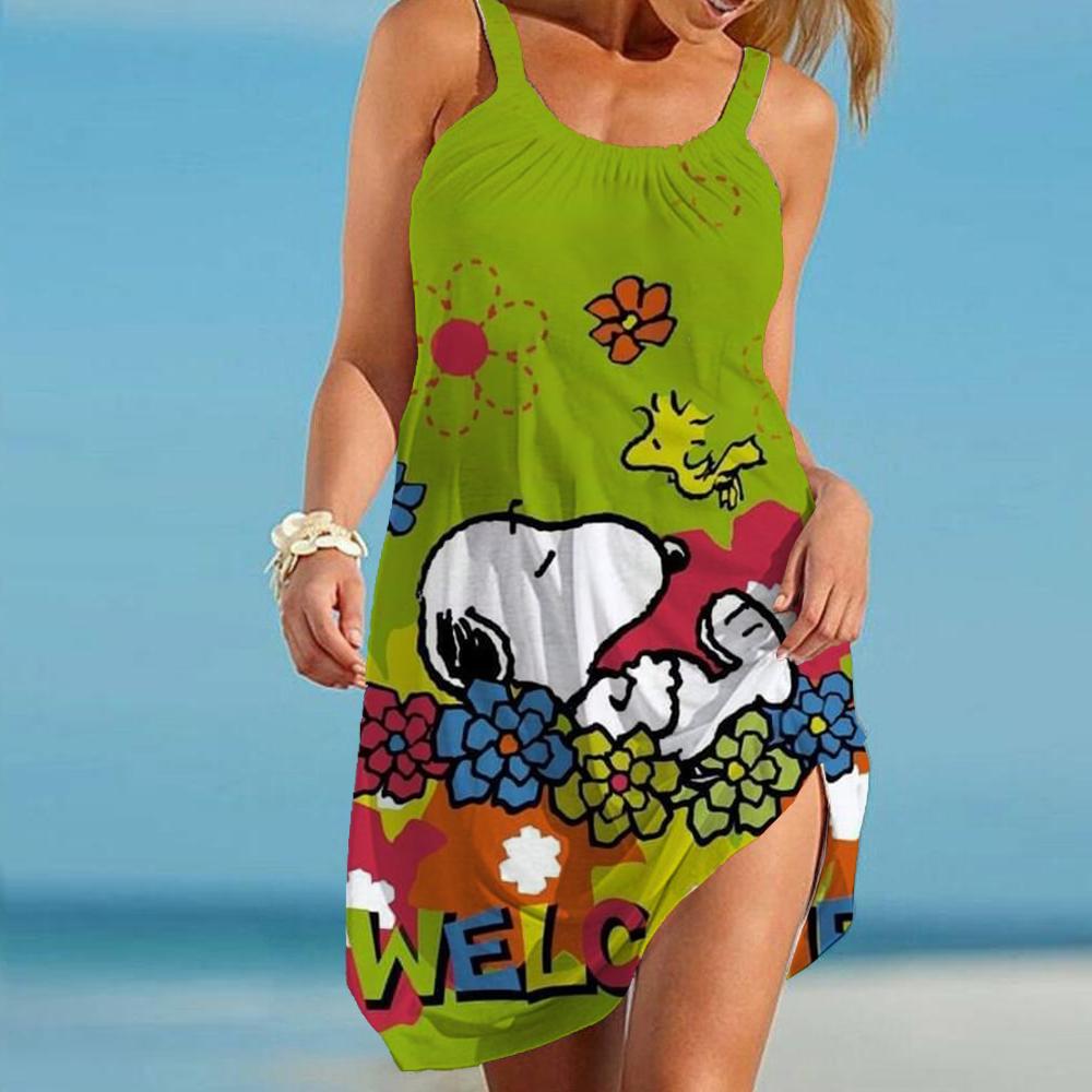Women's Beach Dresses Kawaii Snoopy S-3XL Summer Anime Y2k Elegant Chic Dress Sling Leisure Sanrio Boho Fashion Sexy Wear