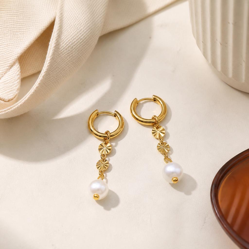 18K Gold-Plated Stainless Steel Drop Earrings French Light-Luxury Pearl Pendant ZIRCON Stone Elegant Versatile Jewelry Women