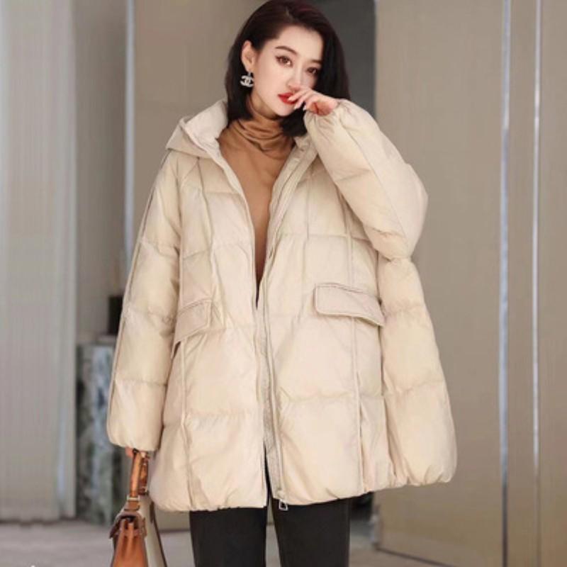Women's Autumn and Winter Korean Version Loose Mid Length Hooded Jacket Solid Color Temperament Commuting Down Jacket