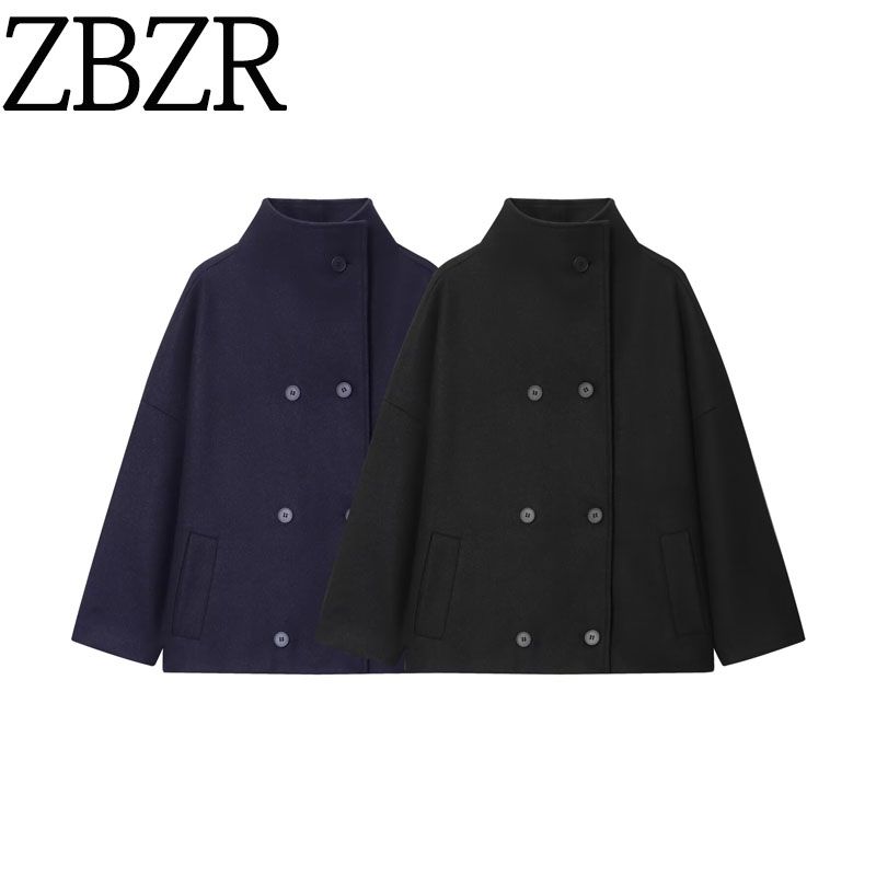 Autumn and Winter New Arrivals Women's Clothing Zr European and American Style Export Fashion Simple Versatile Double-Breasted Long-Sleeve Wool Coat