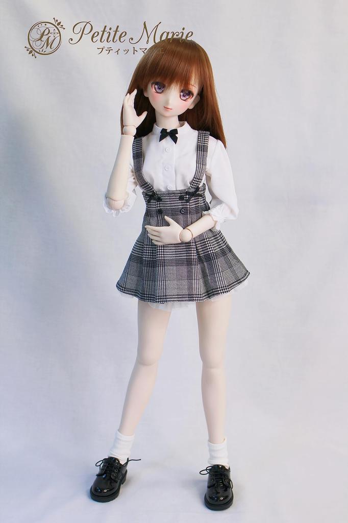 DD Compatible Jumper Skirt with Black Ribbon White Blouse 2 Piece Set Black and White Check British Glen Check Jeans Skirt 60cm Doll BJD Doll Clothes