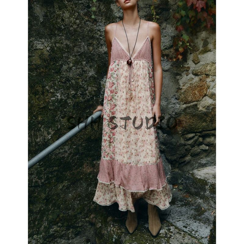 Summer New Product Women's Clothes Seaside Vacation Style V Neck Sleeveless Flower Patchwork Long Braces Dress 5770223