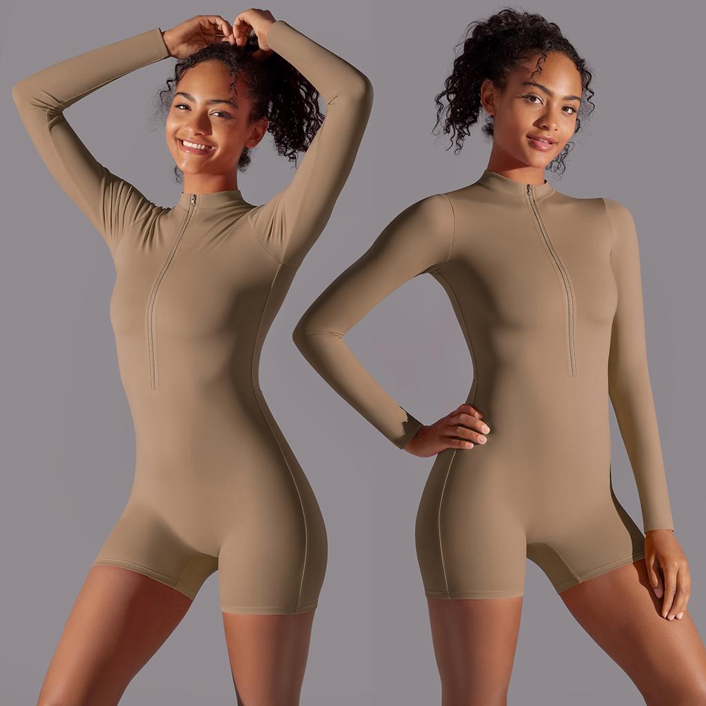 Half Open Collar Zipper Jumpsuit For Fitness, Sporty, Sexy, Tight Fitting Jumpsuit, Brushed, Nude, Skin Friendly Yoga Suit For Women