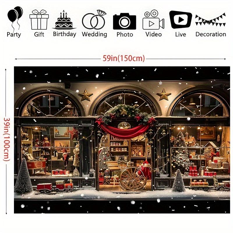 Antique Christmas shop window background - Medieval dessert shop design with gifts and Christmas trees - universal polyester