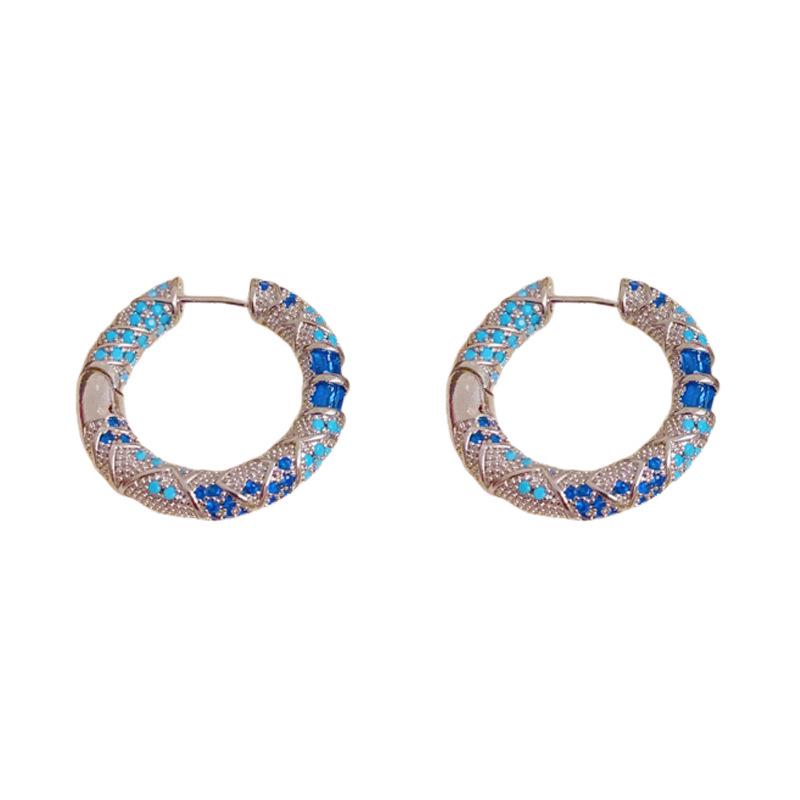 French Retro Blue Geometric Circle Ear Cuffs - Elegant Ethnic Style Statement Earrings