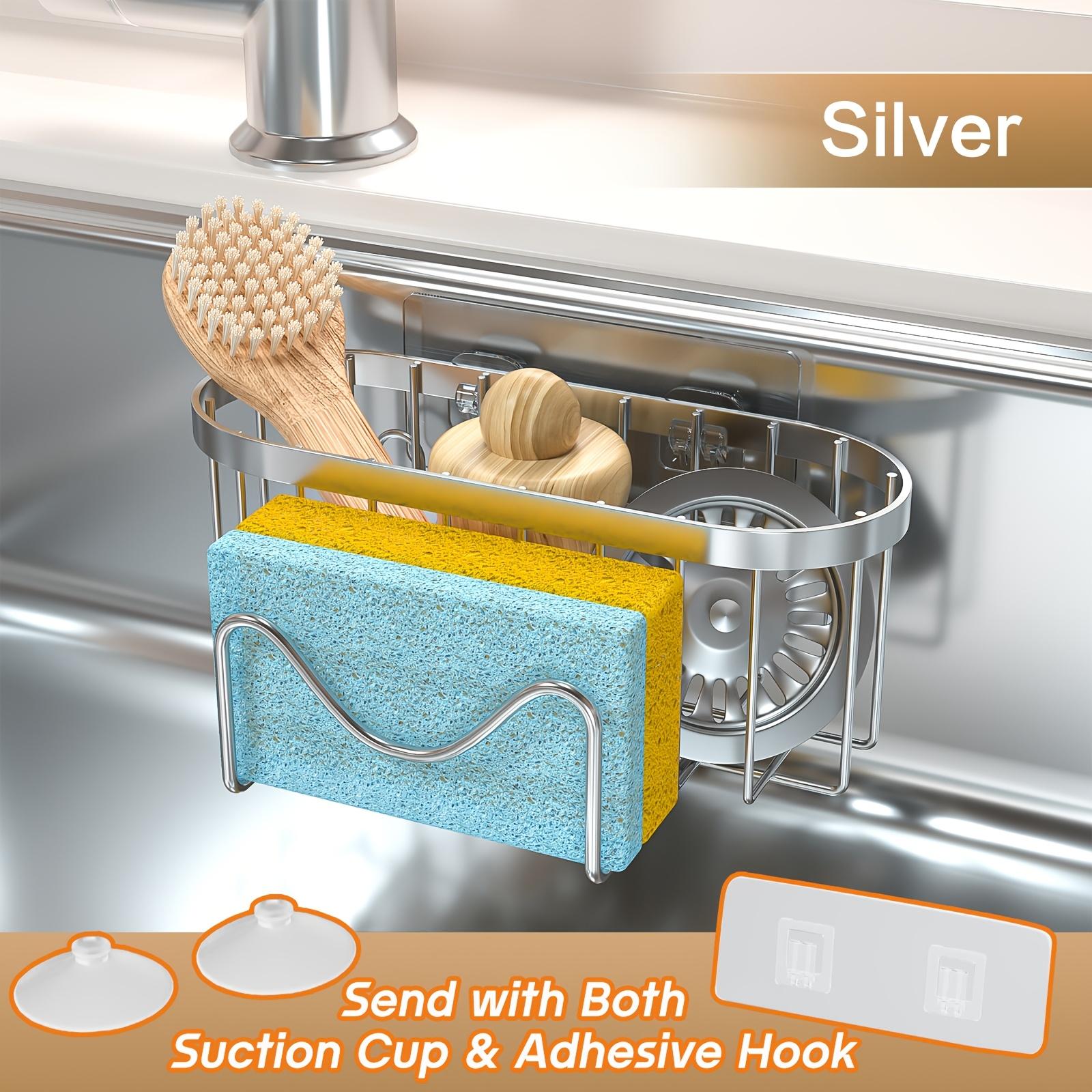 

Stainless Steel 2-in-1 Sponge Holder for Kitchen Sink - Wall-Mounted Caddy Organizer with Adhesive Hook & Suction Cup, Perfect for Sponges, Brushes серебряный