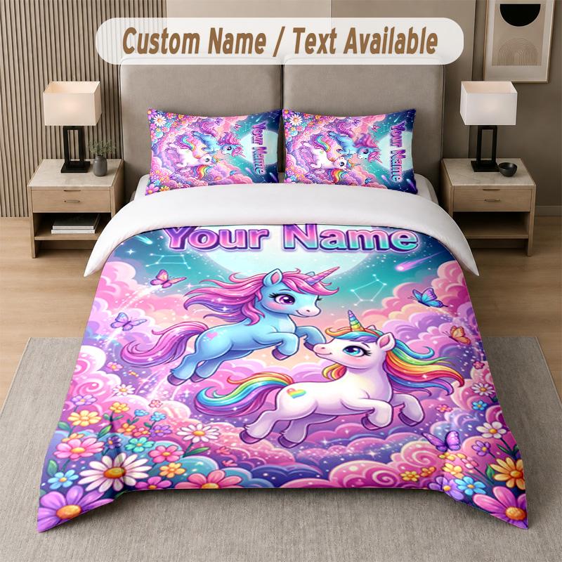 Unicorn Theme Custom Text Or Name 3Pcs Bedding Set 1 Flat Sheet & 2 Pillowcases Personalized Home Bedding
