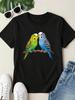Teenager Plus Size Blouse Short Sleeve T-Shirt - Vibrant Parakeet Print Round Neck Top, Soft Breatha