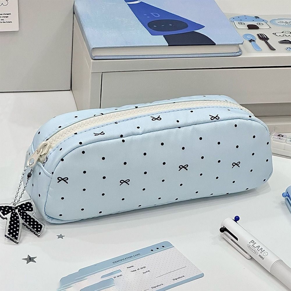 Velkokapacitní taška na pera s puntíky a mašlí, organizér na psací potřeby, INS penál pro studenty