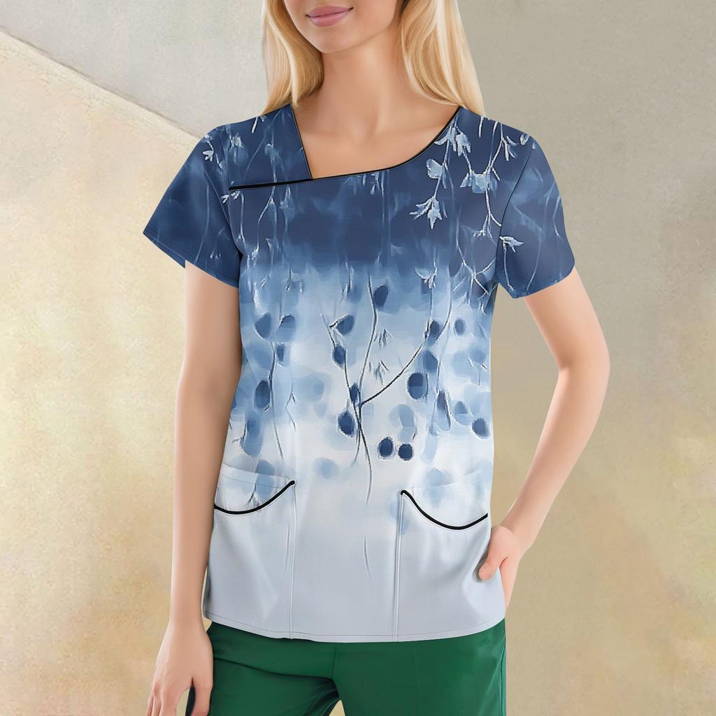 Women's Casual  Print Short Sleeve Sloping Collar Workwear Top With Double Pockets