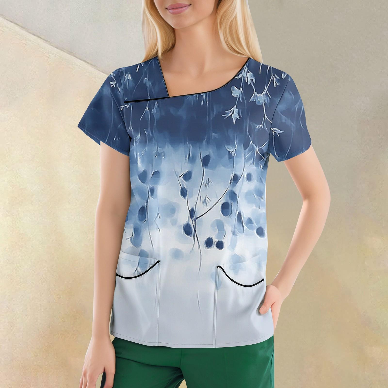 

Women s Casual Print Short Sleeve Sloping Collar Workwear Top With Double Pockets XL