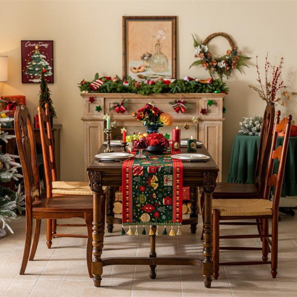 Christmas Snowman Jacquard Table Runner with Fringe Polyester Home Decor Tablecloth Bedspread