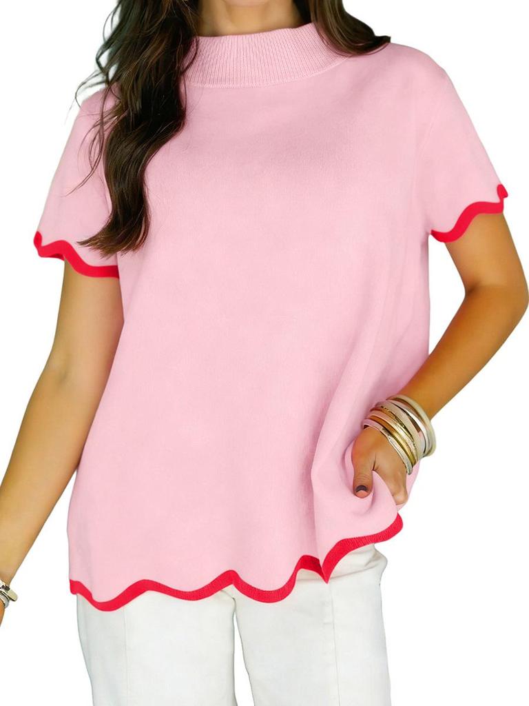 Women's Summer 2026 Color Block Round Neck Knit Top with Wave Edge Trim