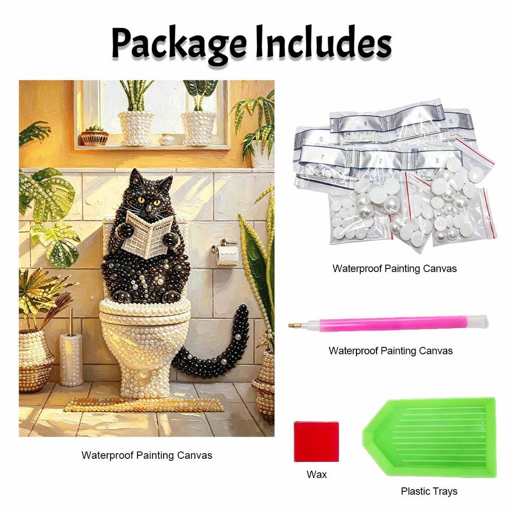 Elegant Framed Pearl Art DIY Set with Funny Black Cat Reading Newspaper 5D Sparkling Bead Canvas Painting Ready to Display Home Decor Gift
