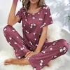 Set de pijama pentru femei cu gât rotund, mânecă scurtă, pantaloni lungi, imprimeu